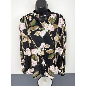 Rhoda Lee Women's Floral Button Front Long Sleeve Blouse Satin Black Size 6